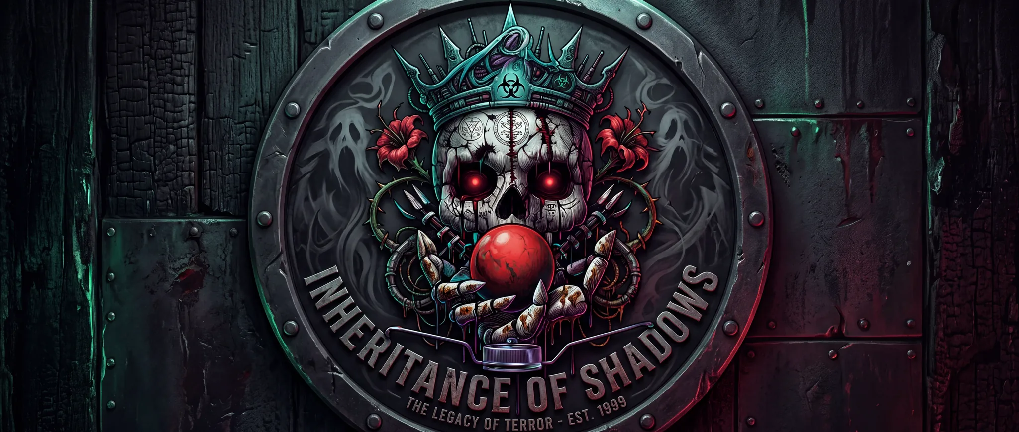 Inheritance of Shadows emblem — a crowned skull holding a red orb on a steel hatch